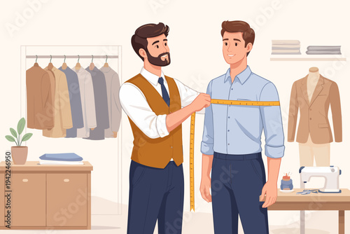 Professional tailor measuring a male client's chest with a yellow tape measure in a modern atelier or tailor shop with clothing racks, mannequin, and sewing machine, flat vector illustration.