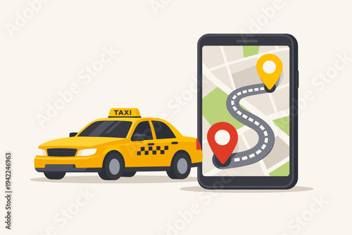 Yellow Taxi Cab and Smartphone with GPS Navigation Map Route and Location Pins, Flat Vector Illustration for Ride-Sharing Mobile App Service, Online Transportation Booking Concept