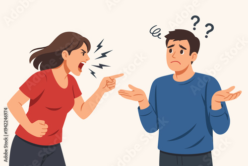Angry Woman Screaming and Pointing Finger at Confused and Upset Man in Flat Vector Illustration Style; Relationship Conflict, Domestic Argument, Communication Problems, and Misunderstanding Concept