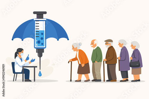 Elderly people waiting in queue for COVID-19 vaccine injection with a doctor at a clinic, featuring a large syringe shaped like an umbrella symbolizing protection and safety during the pandemic.