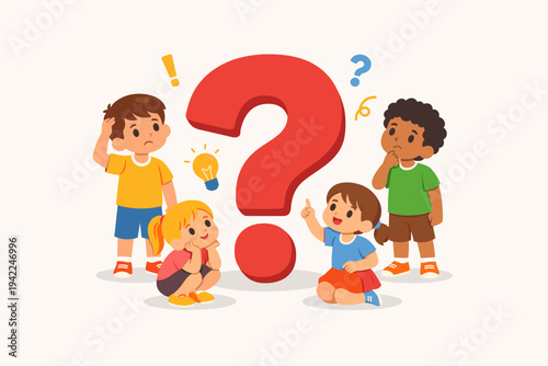 Diverse Little Kids Standing and Sitting Around a Big Red Question Mark Symbol, Thinking and Finding Solutions, Education and Curiosity Concept for Children Learning, Flat Vector Illustration