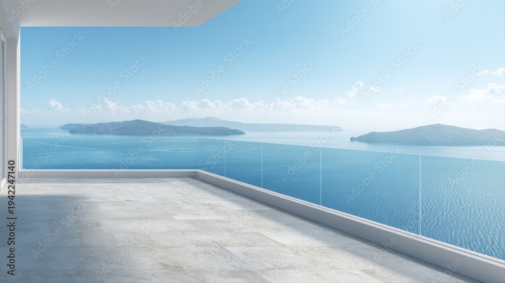 Naklejka premium Luxury Balcony View with Ocean Panorama, Island Scenery, and Modern Architecture on a Sunny Day