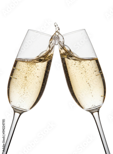 白い背景に泡立つ黄金色のシャンパンが注がれた2つのフルートグラスが乾杯し、祝祭、成功、特別な瞬間を表現する商業用写真素材