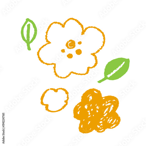 手描きクレヨン風の花と葉のボタニカルイラストセット｜シンプルでかわいい植物・花びらのナチュラル素材