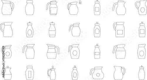 Thirty two different types of jugs and pitchers in a dotted line style outline.