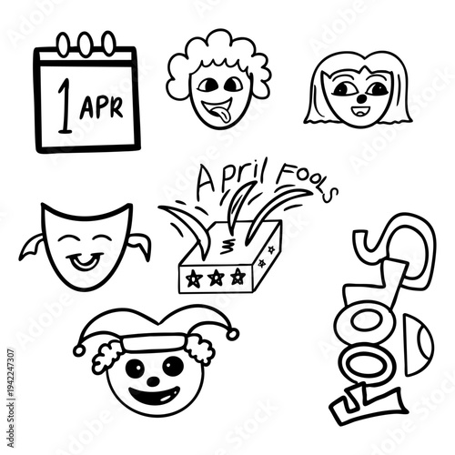 April Fools Day Doodle Element Set Hand Drawn Line Art Illustration