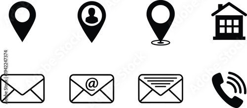 Collection of icons representing location, people, communication, and home services