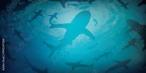 Silhouette of a shark swimming in a vibrant blue ocean.