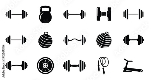 Collection of various exercise and weightlifting equipment icons displayed in a grid layout