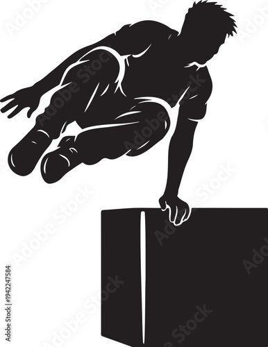 Dynamic black silhouette vector illustration of a man performing parkour, vaulting over a dark box obstacle