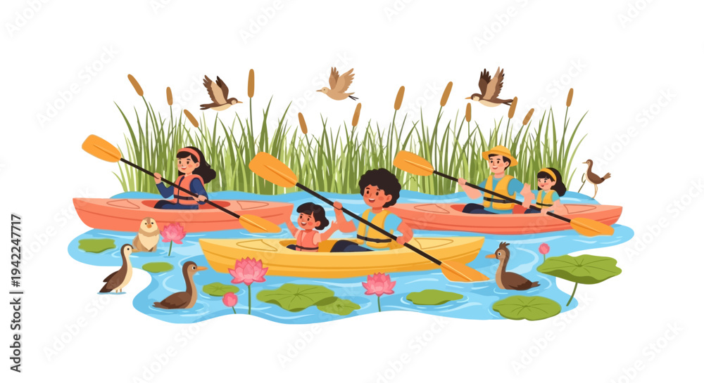 Fototapeta premium Illustration of a family kayaking on a serene wetland ecosystem with birds and lily pads on World Wetlands Day, surrounded by tall grasses and a peaceful atmosphere.