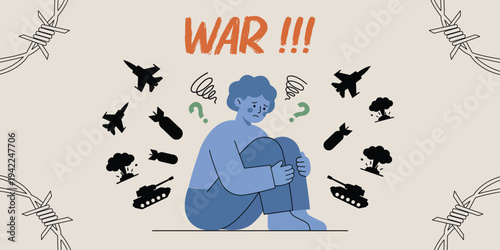 The Weight of Conflict: A poignant illustration captures the emotional toll of war on an individual, surrounded by symbols of conflict and uncertainty. 