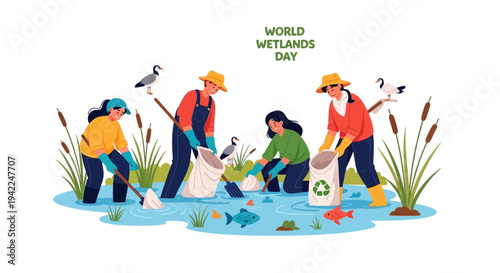 Illustration of people cleaning a wetland ecosystem on World Wetlands Day with a crane and fish in the background, promoting conservation and environmental protection.