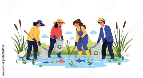 Illustration of people cleaning a wetland ecosystem on World Wetlands Day with a crane and fish present