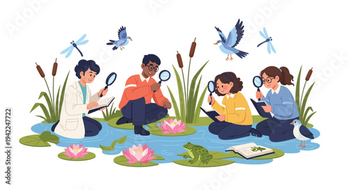 Illustration of diverse children exploring a wetland ecosystem on World Wetlands Day with magnifying glasses, surrounded by a crane, dragonflies, and lotus flowers against a clean