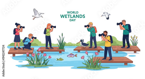 Illustration of people with cameras observing wetland wildlife on a boardwalk for World Wetlands Day with a crane and fish in a natural ecosystem.