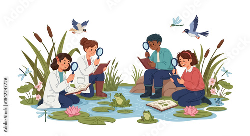 Illustration of a family with children sitting by a wetland ecosystem on World Wetlands Day, observing nature with binoculars and books among lily pads and birds.