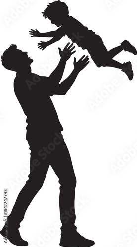 Father and son playing silhouette vector illustration, dad throwing child in air, family fun graphic