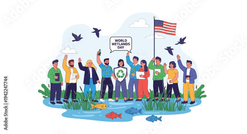 Illustration of diverse people celebrating World Wetlands Day with a crane, fish, and wetland ecosystem in a colorful design background.