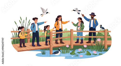 Illustration of a family on a wooden bridge over a wetland, observing birds and wetland ecosystem on World Wetlands Day with a tourist icon design.
