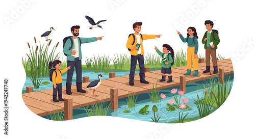 Illustration of a family and children on a wooden boardwalk over a wetland, observing birds and wetland ecosystem on World Wetlands Day with a tourist icon design.