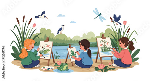 Illustration of three children painting by a serene wetland ecosystem with cranes and dragonflies on World Wetlands Day, surrounded by lush greenery and vibrant flowers.