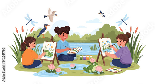 Illustration of three people painting by a serene wetland ecosystem with cranes and dragonflies on World Wetlands Day, surrounded by lush greenery and vibrant flowers.