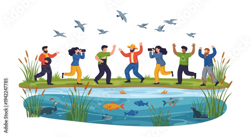 Illustration of people celebrating World Wetlands Day with a wetland ecosystem, featuring a crane, birds, and fish in a vibrant design for tourist icons and business events.