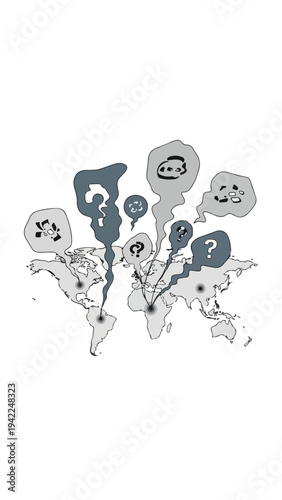Minimal vector illustration about misinformation and propaganda in modern war showing distorted speech bubbles spreading across a world map flat 2D minimal style contemporary social issue white backgr