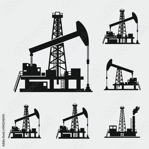 Illustration of set of black oil pump jack silhouettes on gray background vector
