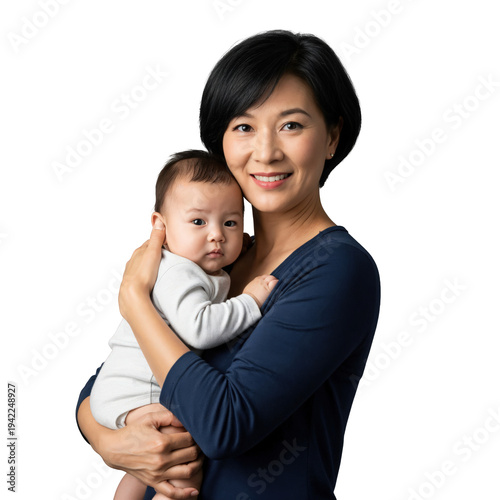Happy mature Asian mother holding her newborn baby, studio portrait on transparent background