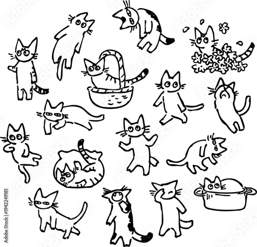 猫のキャラクターの手書きイラストセット