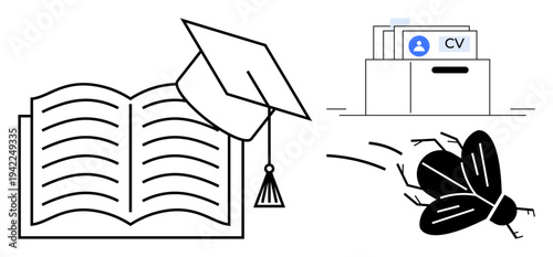 Education theme illustrated by a book and graduation cap. Career development with CV documents. Bug icon digital errors or flaws. Use for education, technology, career planning, coding, debugging