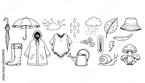 Rainy season icon set and weather objects vector engraving style on white isolated background for forecast poster design
