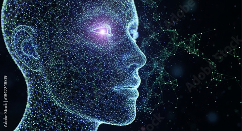 Digital Human Face with Glowing Data Particles.