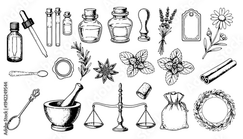 Apothecary bottle jar and flask set vector engraving style on white isolated background for vintage label design