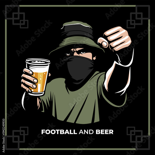 vector illustration of a hooligan ultras casual football fans holding beer with black background