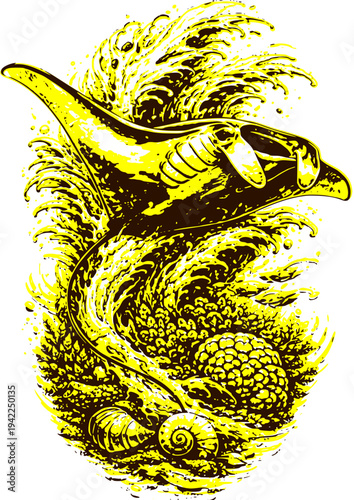 Detailed black-and-white illustration of a manta ray gliding through crashing ocean waves above coral, shells, and small fish, capturing the power and beauty of the underwater world.