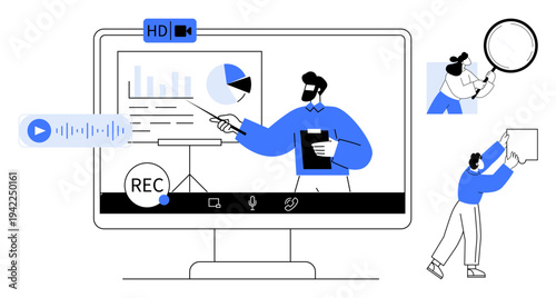 Online presentation highlights virtual collaboration and effective data sharing. Online tools thumbs up screen sharing and charts enhance communication. Online platforms support collaboration