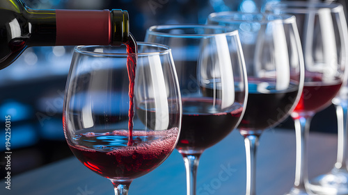 Red wine pouring into glasses on a table in a restaurant with a bottle