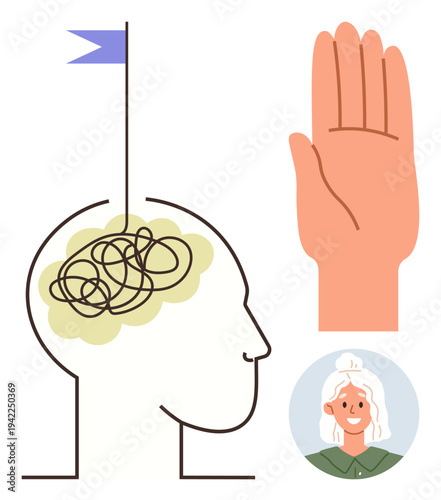 Mental health, mindfulness, therapeutic communication, psychology, emotional well-being, awareness. Illustration of a brain with tangled lines, hand gesture and woman portrait. Mental health