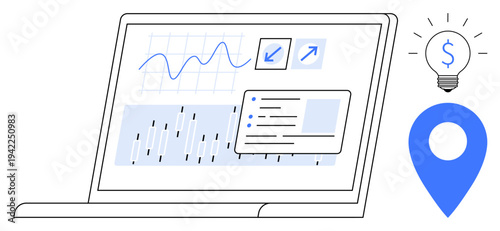 Data analysis, business strategy, financial solutions, location tracking, technology, innovation. Laptop displaying charts, graphs and icons. Data analysis and business strategy