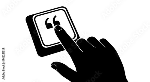 Stylized black and white graphic illustration depicting a human finger about to press a quotation mark icon key on a conceptual digital input panel on transparent background. 