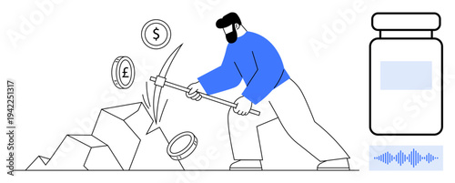 Digital currency mining. A person mining virtual currencies thumbs up Bitcoin, by dollar and euro coins. Digital currency mining connects fintech, investment, technology, blockchain, and economy