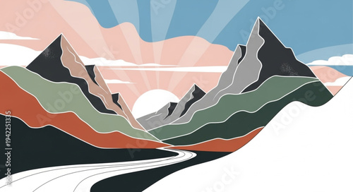 Stylized Mountain Landscape with Snow Peaks and Valley.