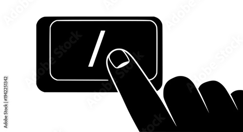 A black graphic hand finger illustration pressing a computer keyboard key featuring a forward slash symbol, representing input, command, data entry, search, or web address interaction icon element .