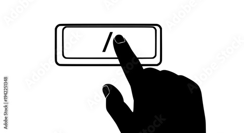 Human hand finger silhouette pressing a stylized rectangular button with a forward slash symbol, representing digital input, selection, or interactive action in a clean minimalist graphic illustration