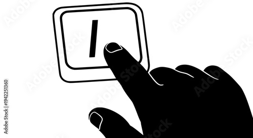 Black and white graphic illustration showing a human index finger about to press the capital letter I key on a generic computer keyboard on transparent background
