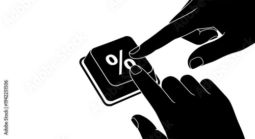 Hands pressing a keyboard button with a percent symbol, representing discount, sale, promotion, interest rate, or financial calculation concepts on transparent background. 