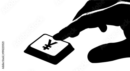 Human hand pressing a computer keyboard button featuring the Japanese Yen or Chinese Yuan currency symbol for global financial transactions and online digital payments on transparent background. 